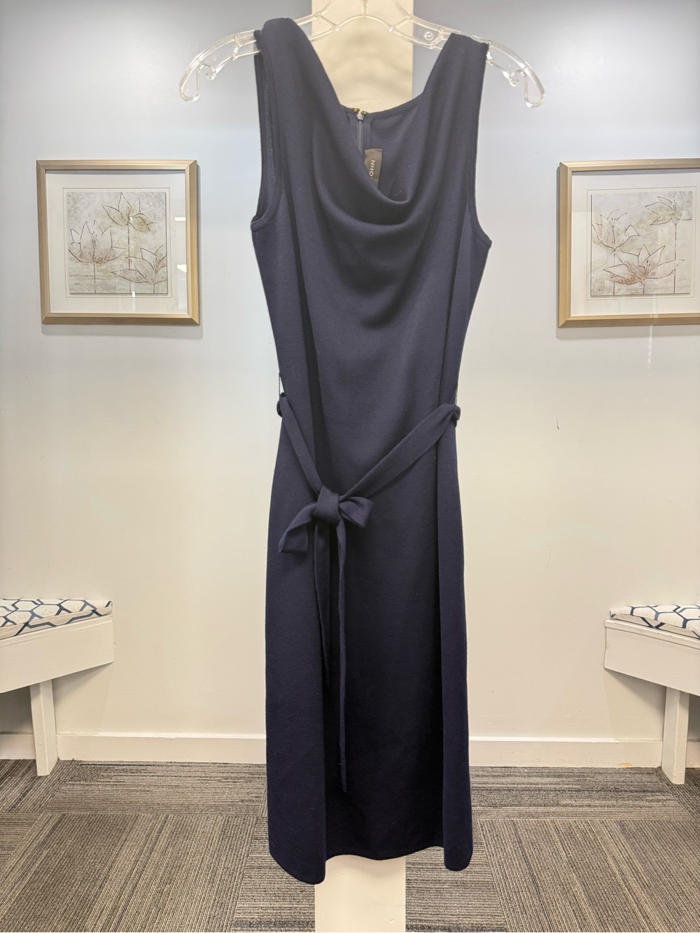 ST. JOHN • Navy Sleeveless Cowl-Neck Midi Dress with Self-Tie belt size 2